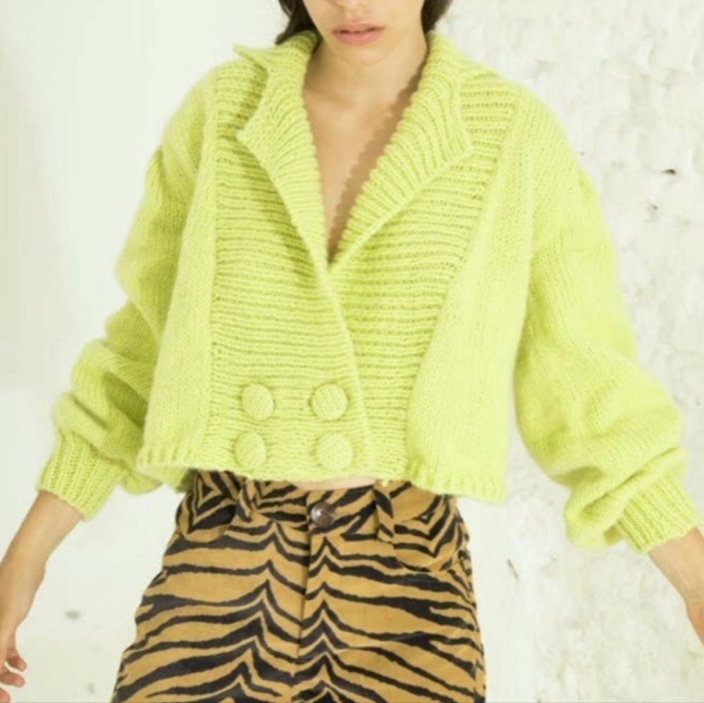 TACH Clothing | Mia Button Front Lime Green Hand Knit Wool Cardigan Size XS